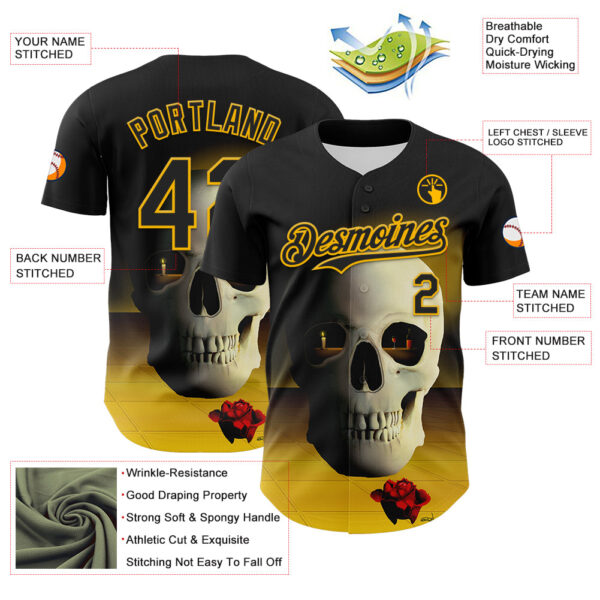 Custom Black Gold 3D Marcel Caram The Skull Authentic Baseball Jersey