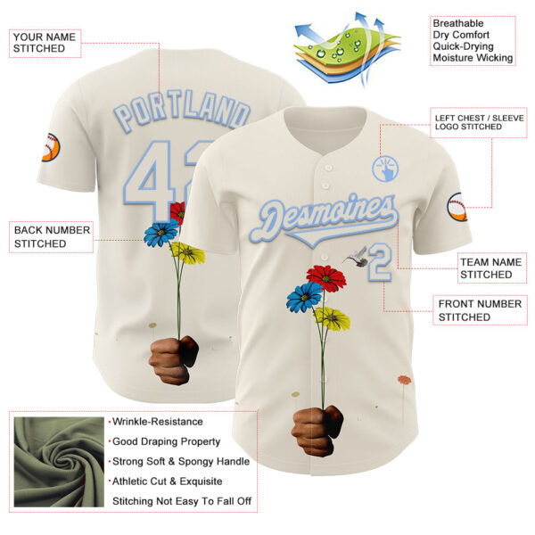 Custom Cream Light Blue 3D Marcel Caram Three Daisies Authentic Baseball Jersey