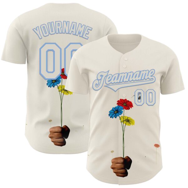 Custom Cream Light Blue 3D Marcel Caram Three Daisies Authentic Baseball Jersey