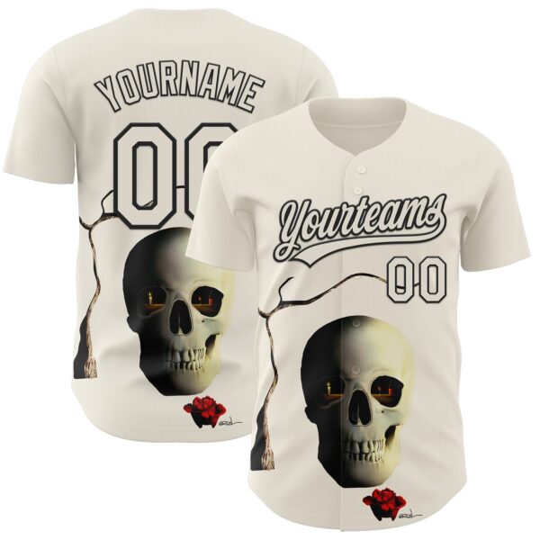 Custom Cream Black 3D Marcel Caram The Skull Authentic Baseball Jersey