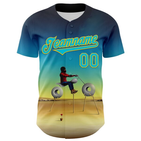 Custom Blue Lakes Blue-Yellow 3D Marcel Caram Man With Motorcycle Authentic Baseball Jersey