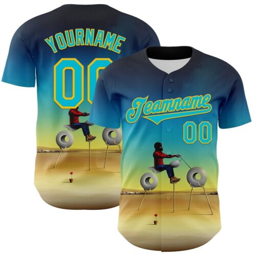 Artist0063 Custom Blue Lakes Blue-Yellow 3D Marcel Caram Man With Motorcycle Authentic Baseball Jersey