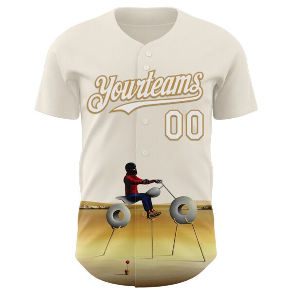 Custom Cream White-Old Gold 3D Marcel Caram Man With Motorcycle Authentic Baseball Jersey