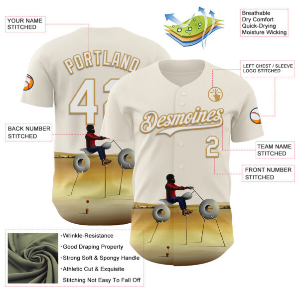 Custom Cream White-Old Gold 3D Marcel Caram Man With Motorcycle Authentic Baseball Jersey