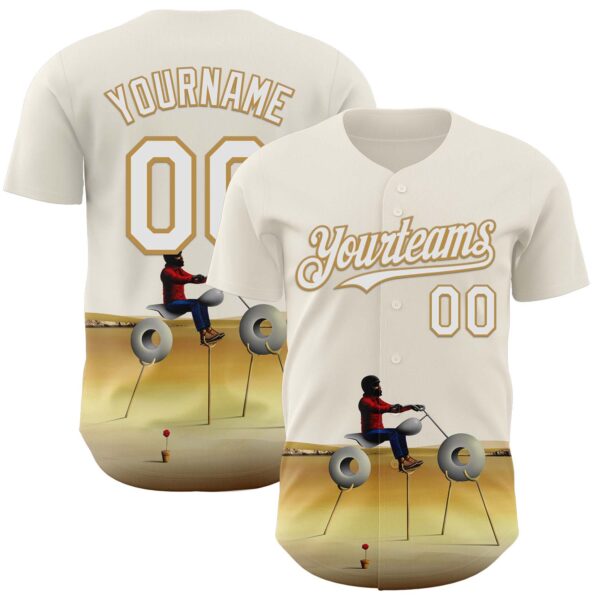 Custom Cream White-Old Gold 3D Marcel Caram Man With Motorcycle Authentic Baseball Jersey