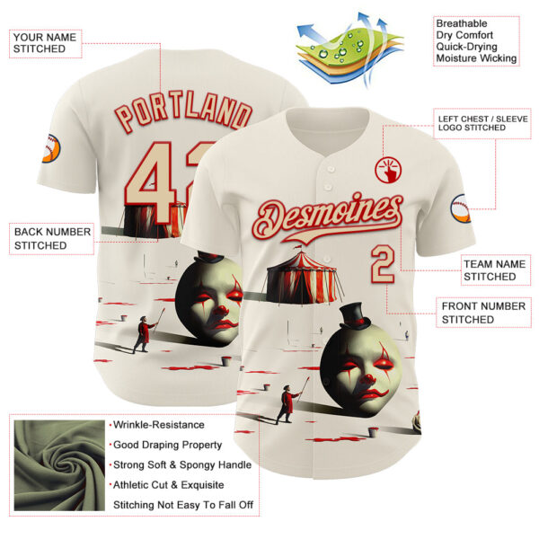 Custom Cream City Cream-Red 3D Marcel Caram The Clown Authentic Baseball Jersey