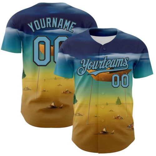 Artist0076 Custom Blue Shadow Blue Yellow-Black 3D Marcel Caram Metaphysical Scene With Little Boat Authentic Baseball Jersey