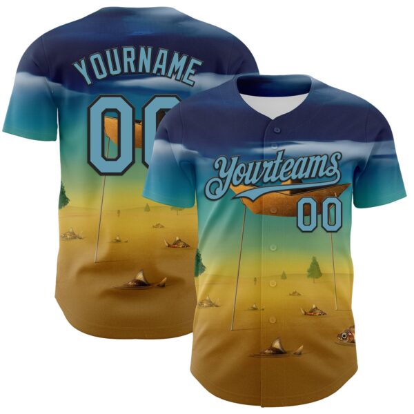 Custom Blue Shadow Blue Yellow-Black 3D Marcel Caram Metaphysical Scene With Little Boat Authentic Baseball Jersey