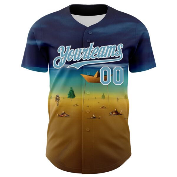 Custom Blue Shadow Blue Yellow-White 3D Marcel Caram Metaphysical Scene With Little Boat Authentic Baseball Jersey