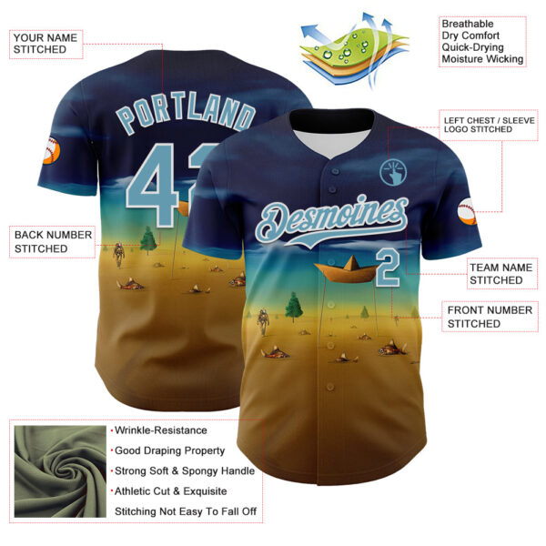 Custom Blue Shadow Blue Yellow-White 3D Marcel Caram Metaphysical Scene With Little Boat Authentic Baseball Jersey