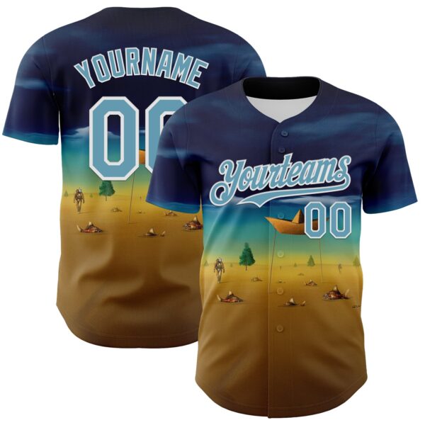 Custom Blue Shadow Blue Yellow-White 3D Marcel Caram Metaphysical Scene With Little Boat Authentic Baseball Jersey