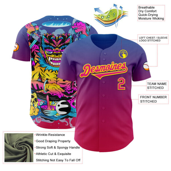 Custom Purple Hot Pink Red-Light Yellow 3D Geo Law Demon King Deities Authentic Baseball Jersey
