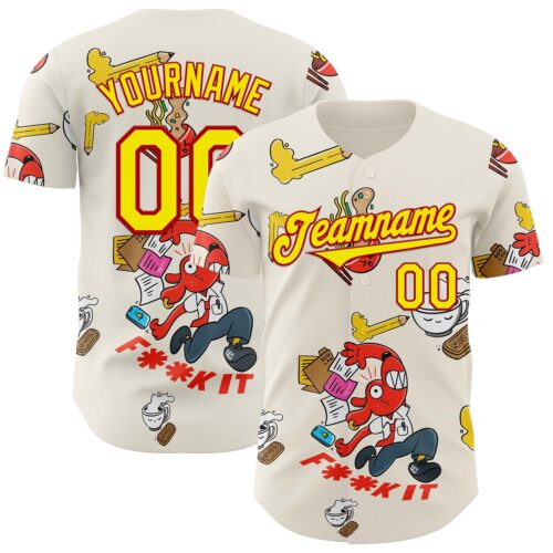 Custom Cream Light Yellow-Red 3D Geo Law Fuckit Authentic Baseball Jersey
