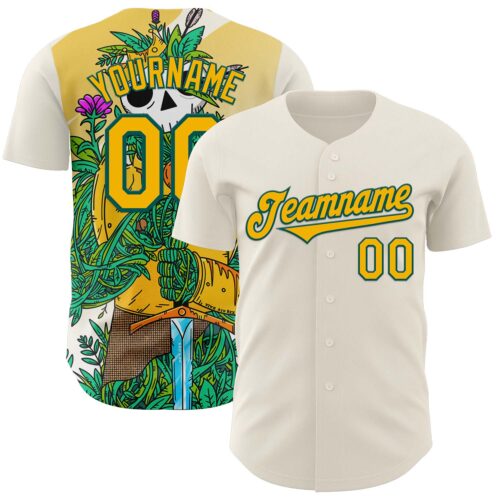 Custom Cream Gold-Midnight Green 3D Geo Law Long Live The King Authentic Baseball Jersey