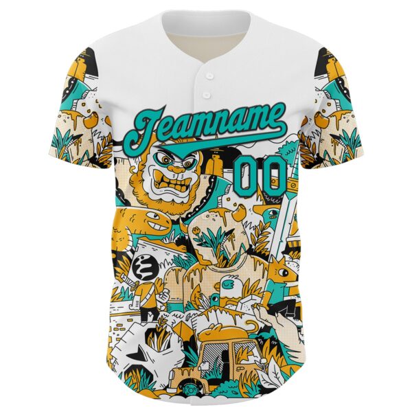 Custom White Aqua-Black 3D Geo Law Monsters Home Authentic Baseball Jersey