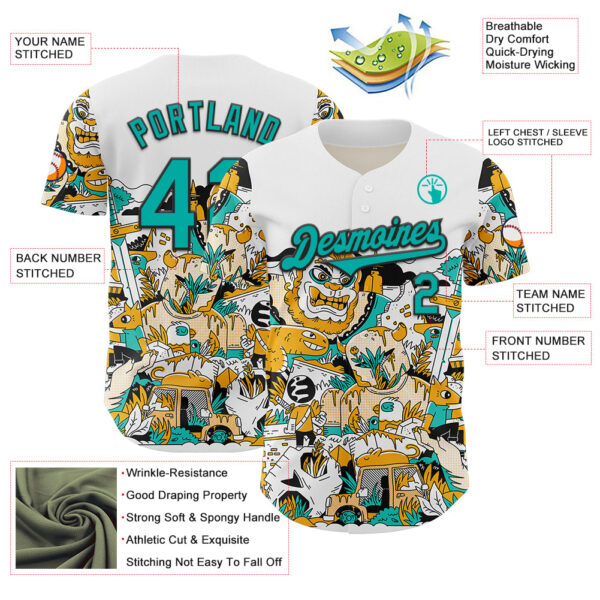 Custom White Aqua-Black 3D Geo Law Monsters Home Authentic Baseball Jersey
