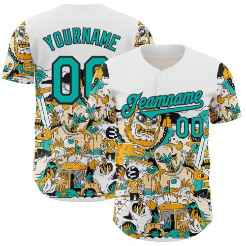 Custom White Aqua-Black 3D Geo Law Monsters Home Authentic Baseball Jersey