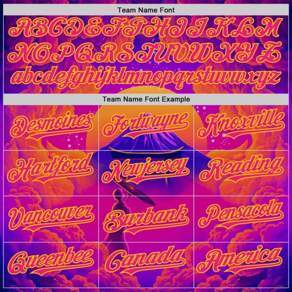 Custom Purple Deep Pink Orange-Yellow 3D Syntetyc Tori And Geisha Authentic Baseball Jersey