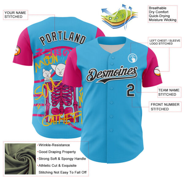 Custom Sky Blue Black Hot Pink-White 3D Vaunsart Skelacat Authentic Baseball Jersey