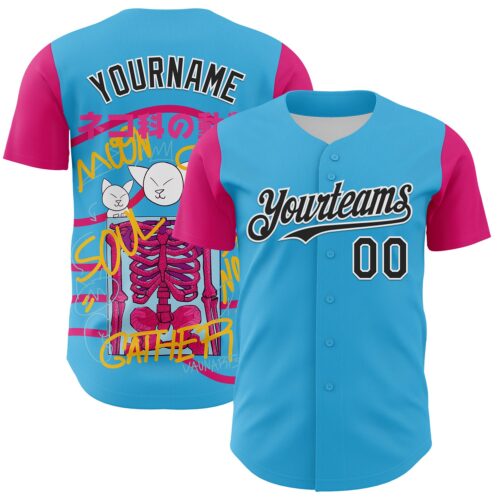 Artist0166 Custom Sky Blue Black Hot Pink-White 3D Vaunsart Skelacat Authentic Baseball Jersey