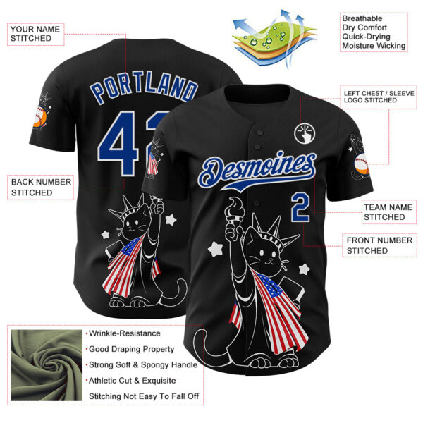 Custom Black Royal-White 3D Tobe Fonseca American Flag Liberty Statue Cat Authentic Baseball Jersey