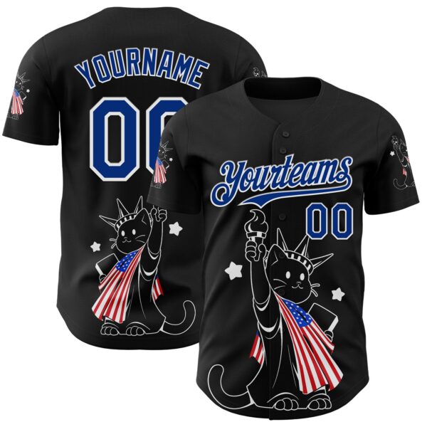 Custom Black Royal-White 3D Tobe Fonseca American Flag Liberty Statue Cat Authentic Baseball Jersey