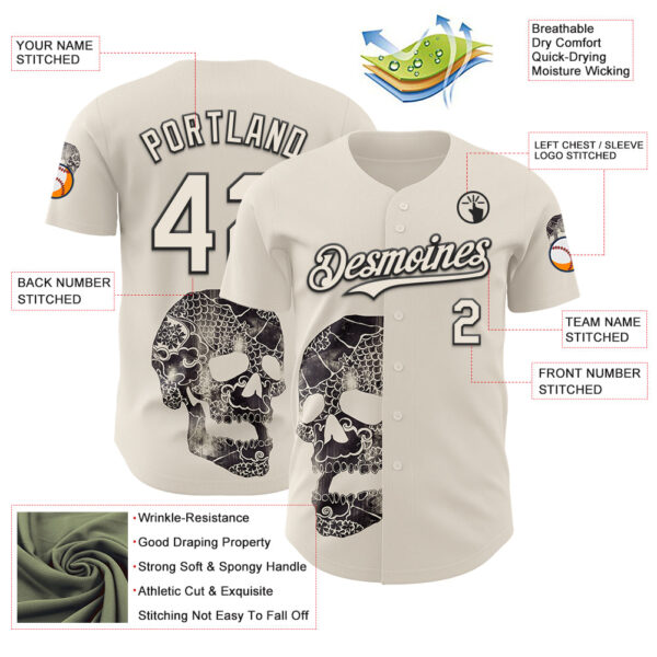 Custom Cream Cream-Black 3D Tobe Fonseca Ancestors Skull Authentic Baseball Jersey