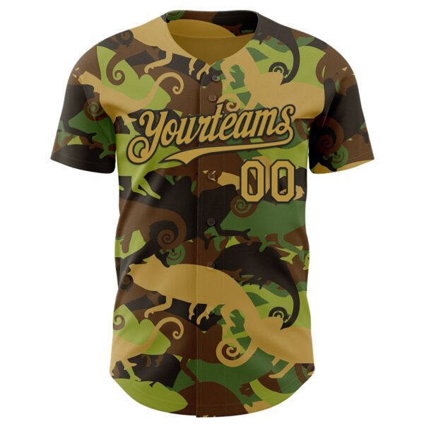 Custom Camo Old Gold-Black 3D Tobe Fonseca Armed Chameleon US Army 	Camouflage Authentic Baseball Jersey