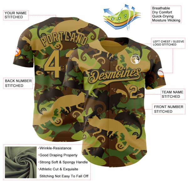 Custom Camo Old Gold-Black 3D Tobe Fonseca Armed Chameleon US Army 	Camouflage Authentic Baseball Jersey
