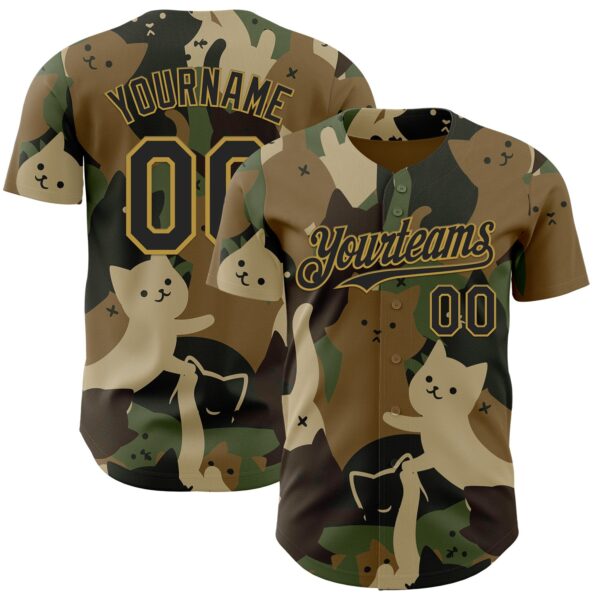 Custom Camo Black-Old Gold 3D Tobe Fonseca Camouflage Cat Army Authentic Baseball Jersey