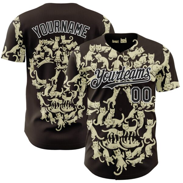 Custom Cream Black-White 3D Tobe Fonseca Cat Skull Authentic Baseball Jersey