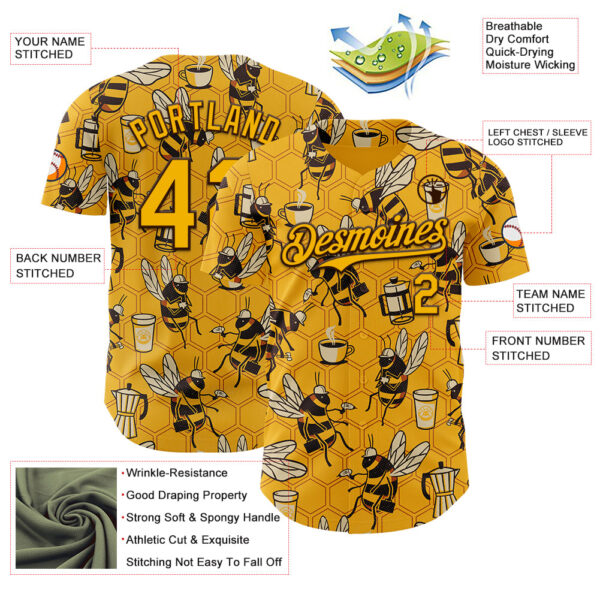 Custom Gold Gold-Brown 3D Tobe Fonseca Coffee Worker Bee Authentic Baseball Jersey