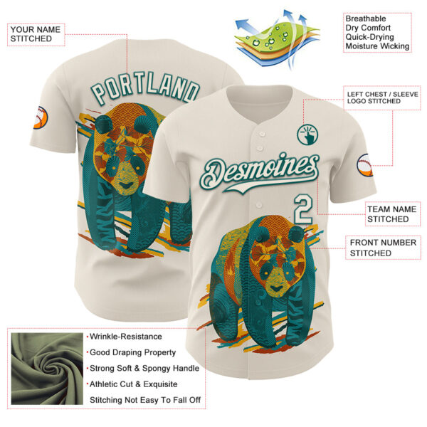 Custom Cream Cream-Midnight Green 3D Tobe Fonseca Colorful Tattooed Panda Textures Authentic Baseball Jersey