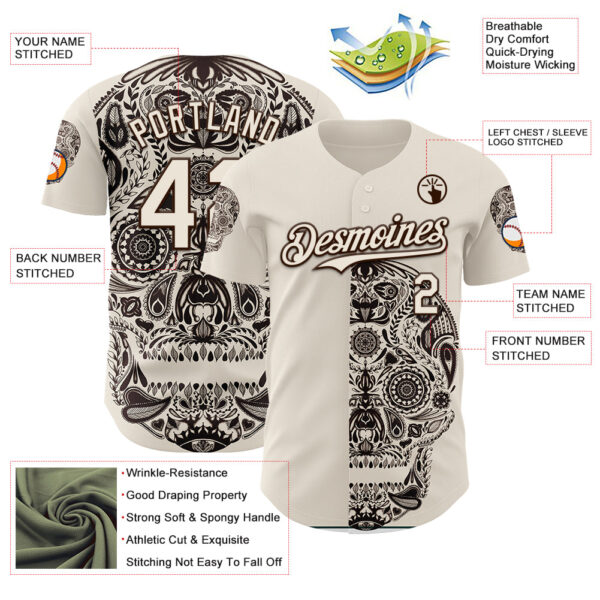 Custom Cream Cream-Brown 3D Tobe Fonseca Dia De Los Muertos Skull Authentic Baseball Jersey