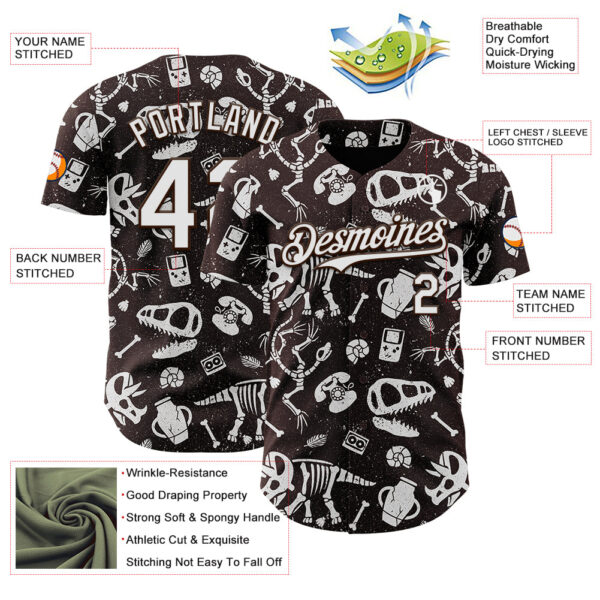 Custom Brown White-Brown 3D Tobe Fonseca Dinosaurs Fossils Vintage Technology Authentic Baseball Jersey