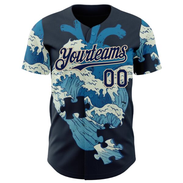 Custom Blue Navy-Cream 3D Tobe Fonseca Kanagawa Heart Puzzle Authentic Baseball Jersey