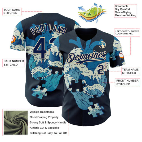 Custom Blue Navy-Cream 3D Tobe Fonseca Kanagawa Heart Puzzle Authentic Baseball Jersey