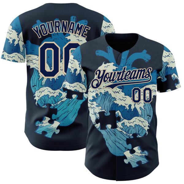 Custom Blue Navy-Cream 3D Tobe Fonseca Kanagawa Heart Puzzle Authentic Baseball Jersey