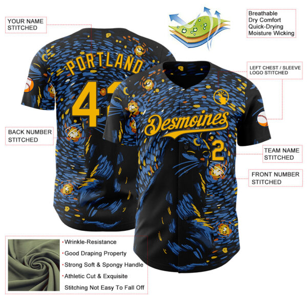 Custom Blue Gold-Black 3D Tobe Fonseca Luna Dreams Starry Night Authentic Baseball Jersey