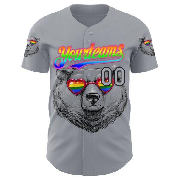 Custom Gray Gradient Black-Pink 3D Tobe Fonseca Pride Heart Bear Authentic Baseball Jersey