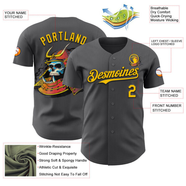 Custom Steel Gray Yellow-Black 3D Tobe Fonseca Samurai Skull Japanese Authentic Baseball Jersey