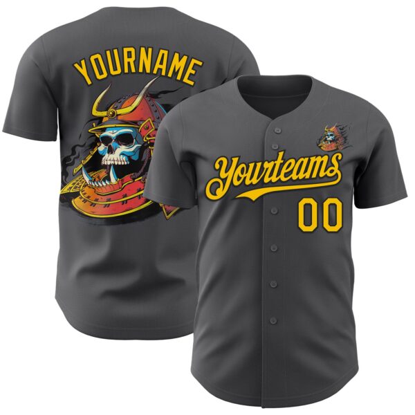 Custom Steel Gray Yellow-Black 3D Tobe Fonseca Samurai Skull Japanese Authentic Baseball Jersey