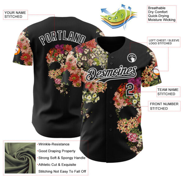 Custom Black Black-White 3D Tobe Fonseca Skull Floral Decay Authentic Baseball Jersey