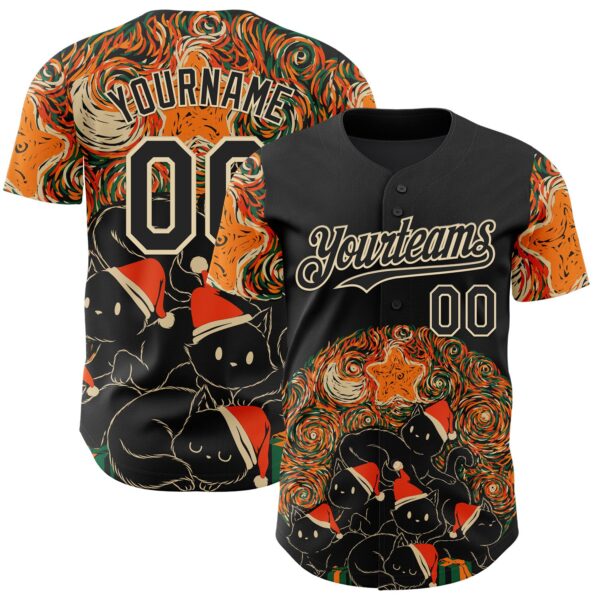 Custom Black Black-Cream 3D Tobe Fonseca Starry Night Cat Xmas Tree Authentic Baseball Jersey