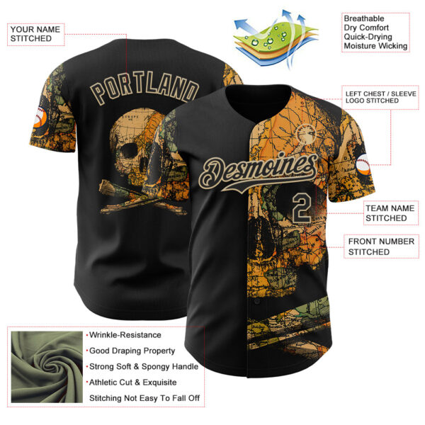 Custom Black Black-Vegas Gold 3D Tobe Fonseca Treasure Map Skull Authentic Baseball Jersey