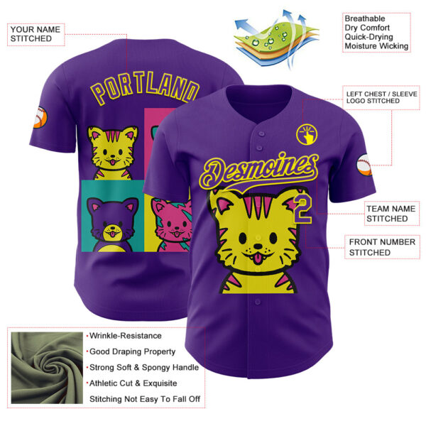 Custom Purple Purple-Light Yellow 3D Tobe Fonseca Cat Warhol Pop Art Authentic Baseball Jersey