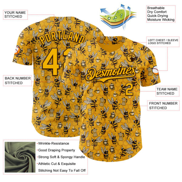 Custom Gold Black 3D Tobe Fonseca Coffee Worker Bee Authentic Baseball Jersey