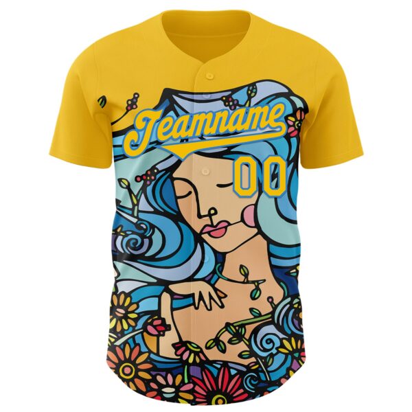 Custom Gold Electric Blue Ninhol Play with Birds Blue Authentic Baseball Jersey