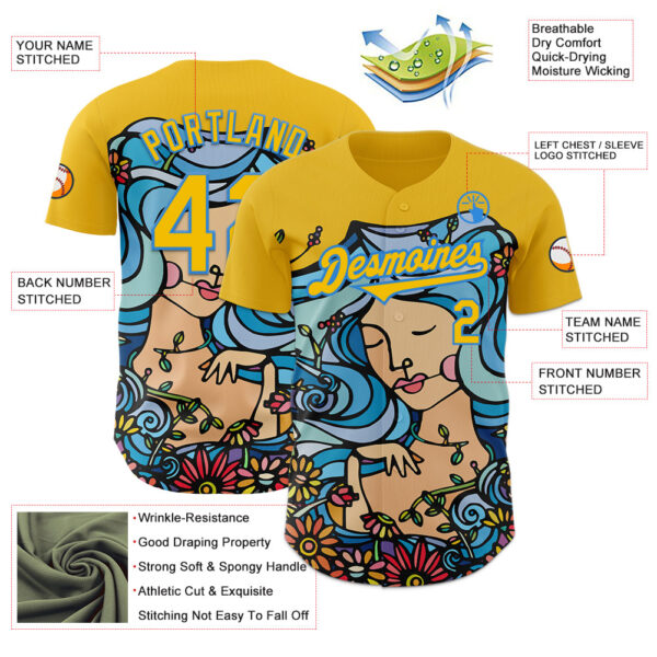 Custom Gold Electric Blue Ninhol Play with Birds Blue Authentic Baseball Jersey