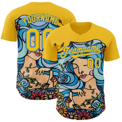 Custom Gold Electric Blue Ninhol Play with Birds Blue Authentic Baseball Jersey